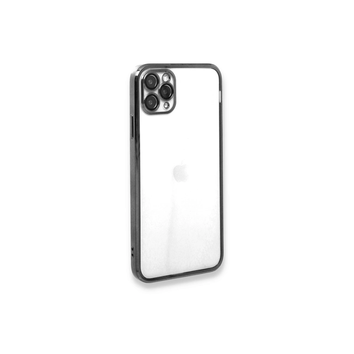 Beyaz zeminde koyu çerçeveli ve üç kamera lensli şeffaf telefon kılıfı.