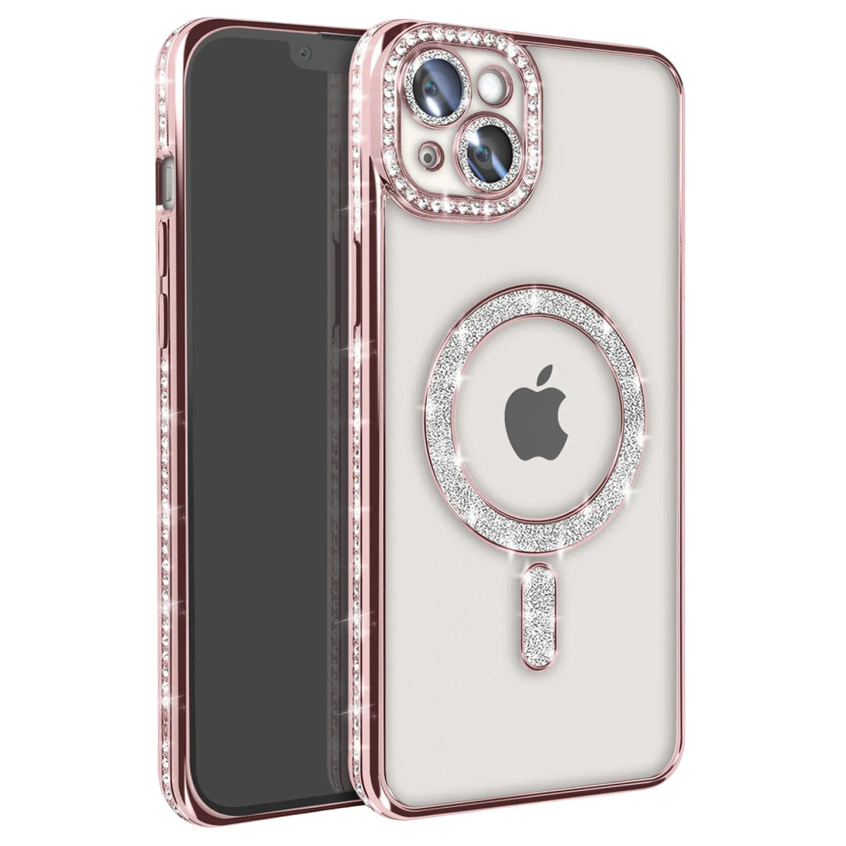 Elma logosu bulunan, gül altın rengi, taşlı iPhone kılıfı.