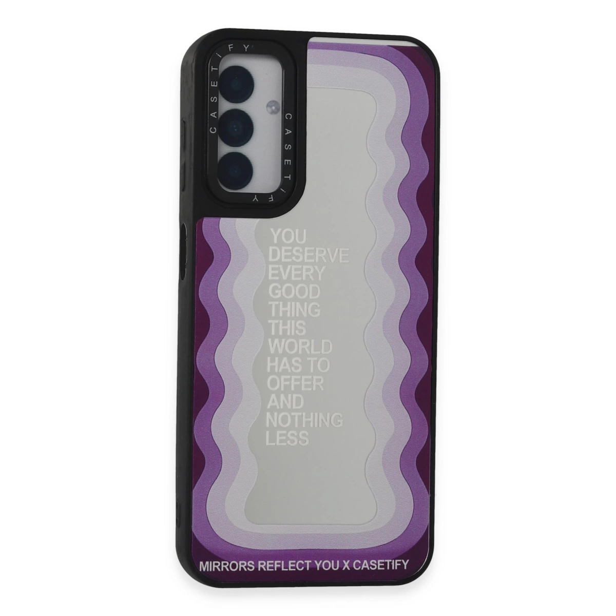 Mor dalgalı desenli siyah telefon kılıfı ve 'YOU DESERVE EVERY GOOD THING' yazısı.