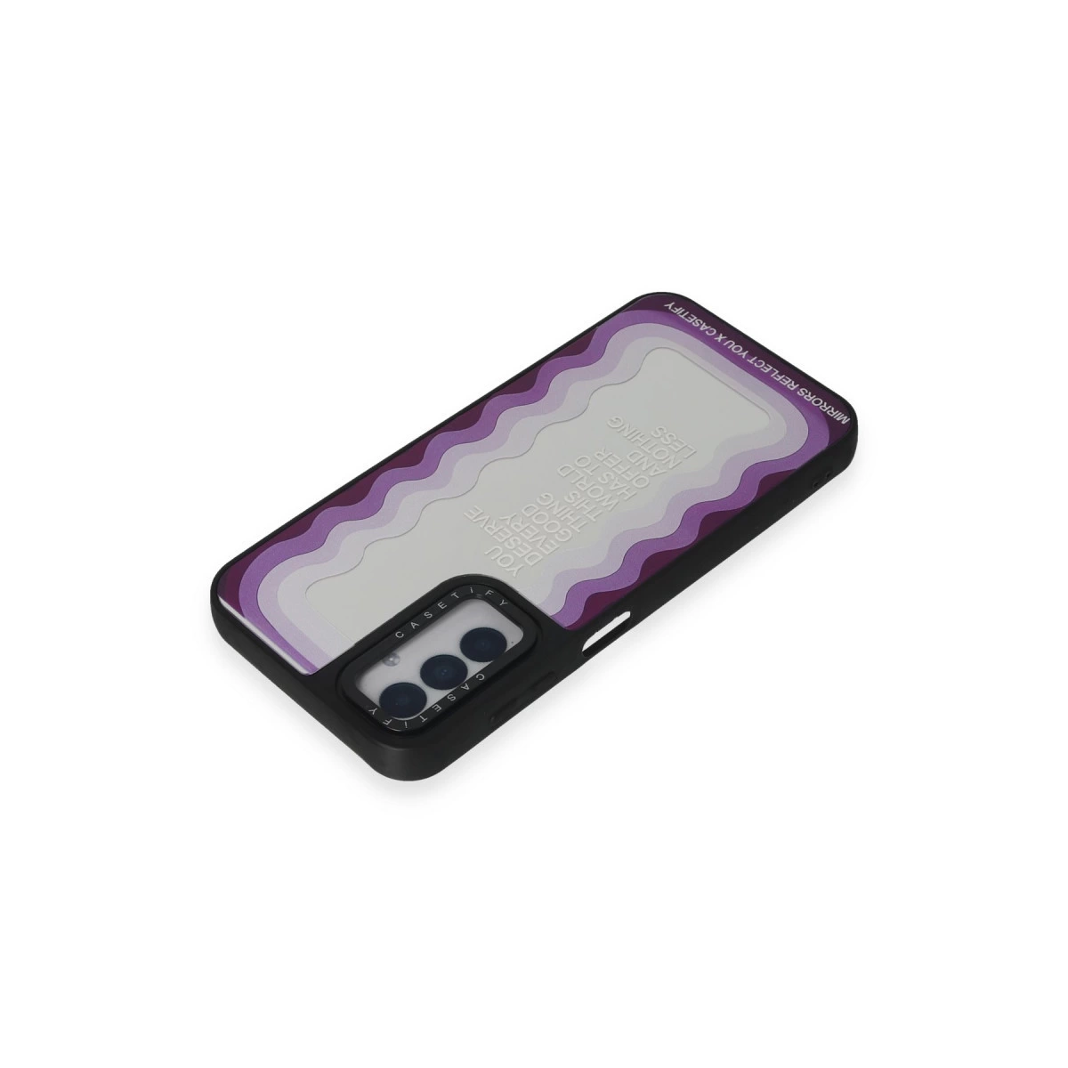Mor ve beyaz dalgalı, metinli telefon kılıfı.