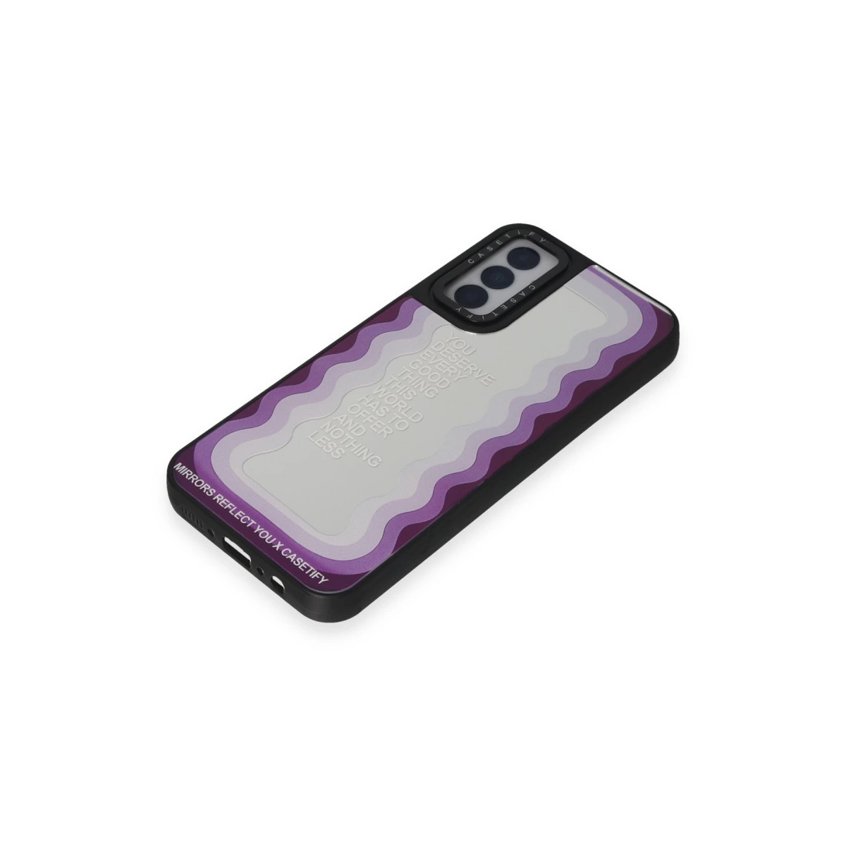 Metinli, mor ve beyaz dalgalı desenli telefon kılıfı.