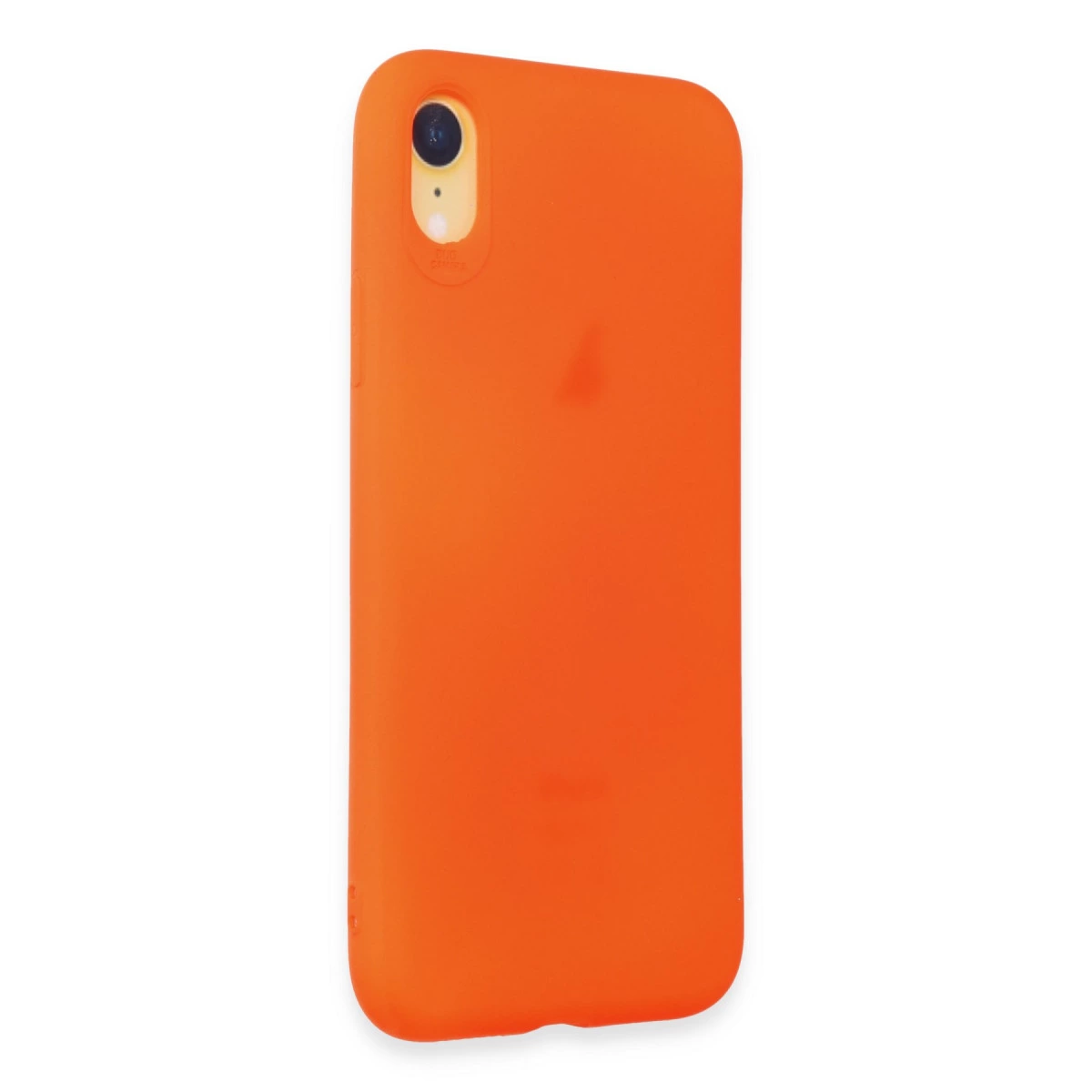 Sol üstte kamera oyuğuna sahip parlak turuncu telefon kılıfı.