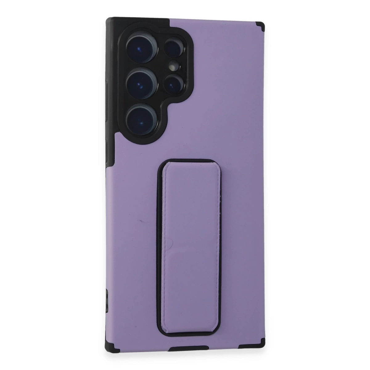Entegre stantlı, siyah kamera modüllü lavanta rengi telefon kılıfı.
