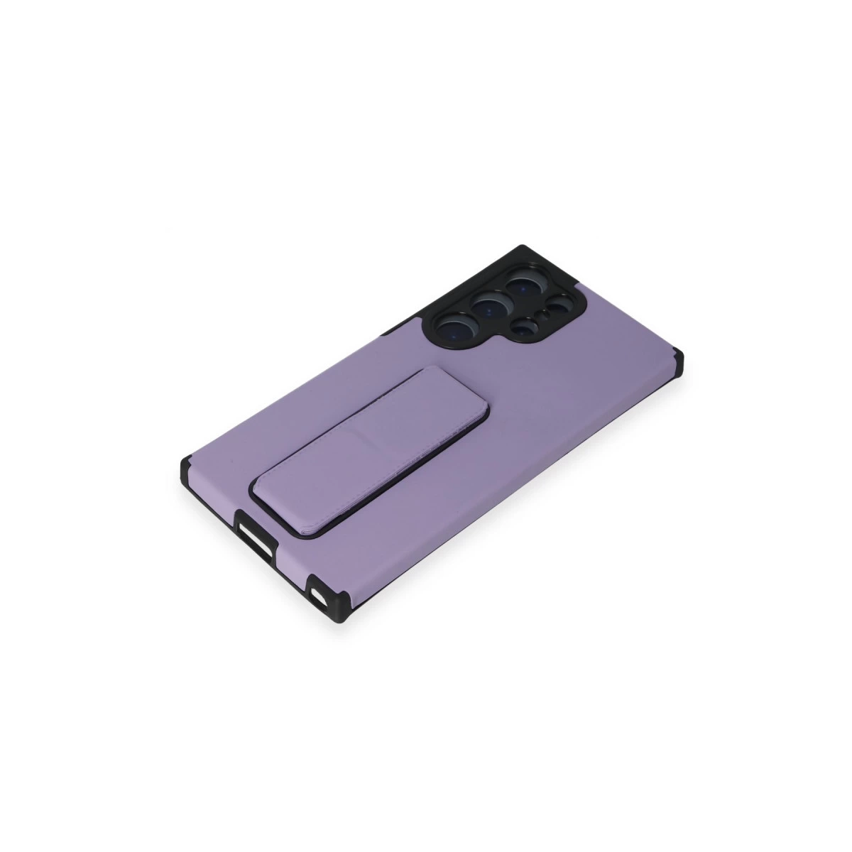 Entegre stantlı ve siyah kamera çerçeveli mor telefon kılıfı.