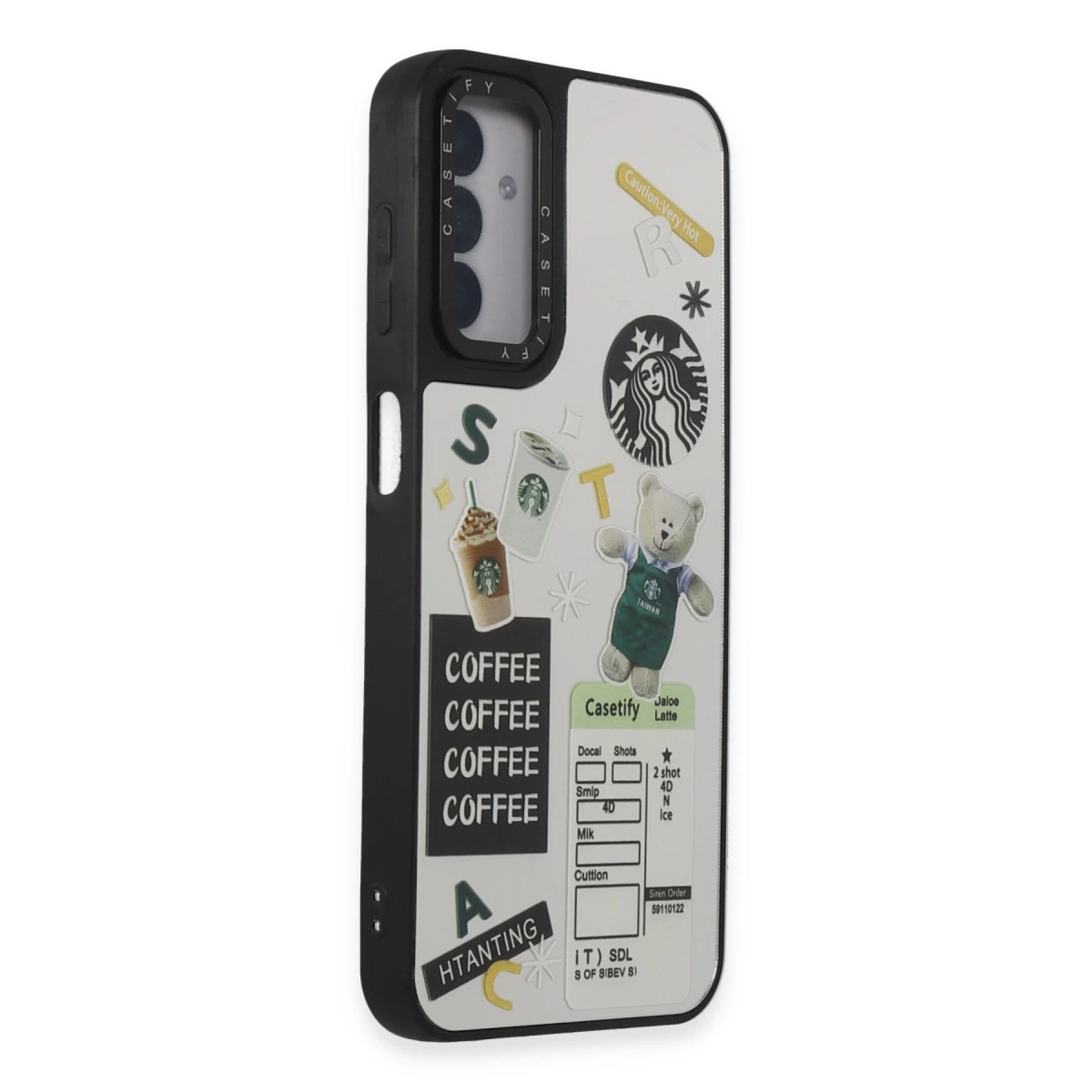 Kahve, ayı, Starbucks logosu ve metin tasarımlı bir telefon kılıfı.