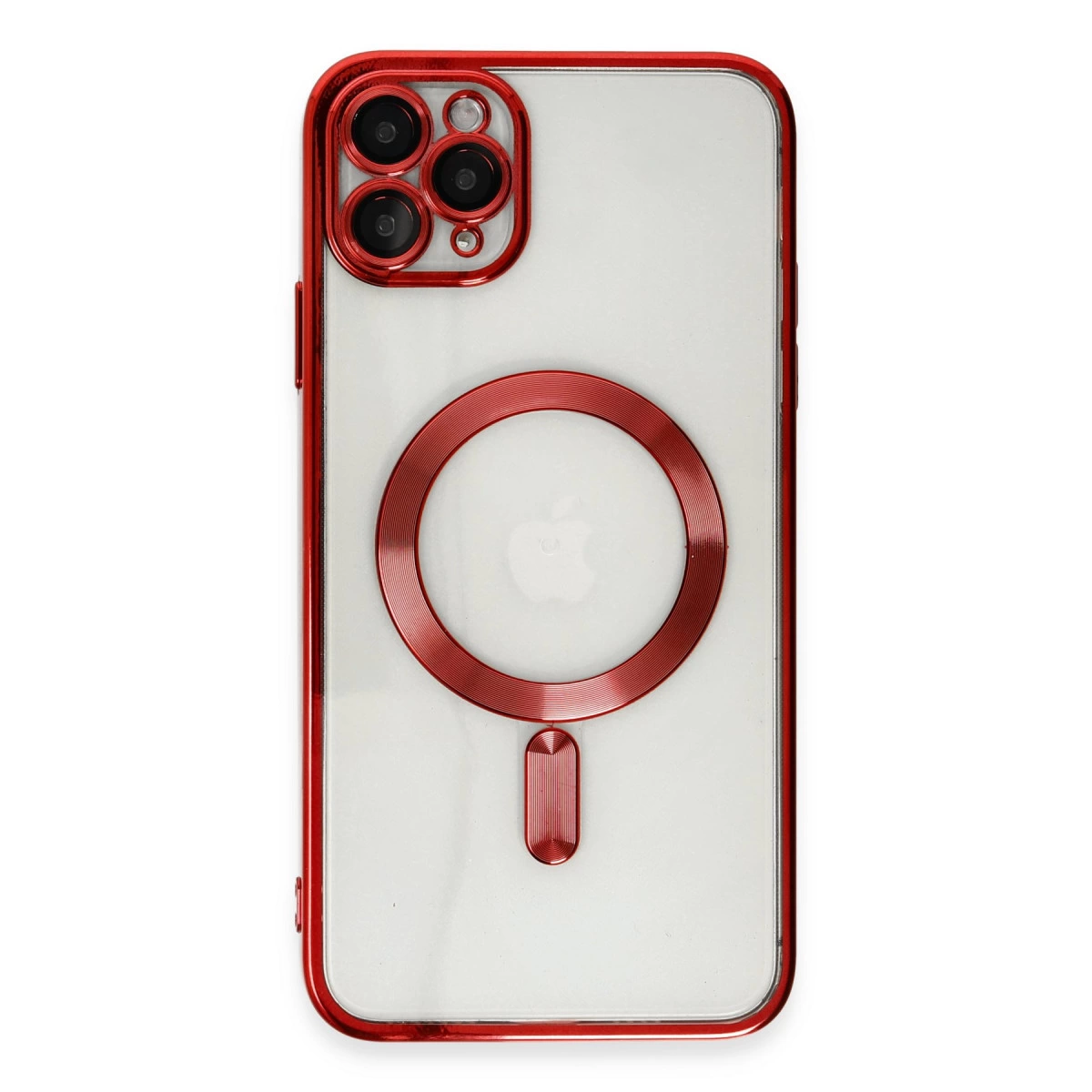 Şeffaf arka ve kamera dizilimine sahip kırmızı iPhone kılıfı.