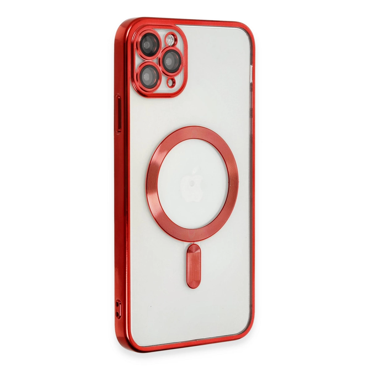 Üç kameralı ve manyetik halkalı kırmızı iPhone kılıfı.