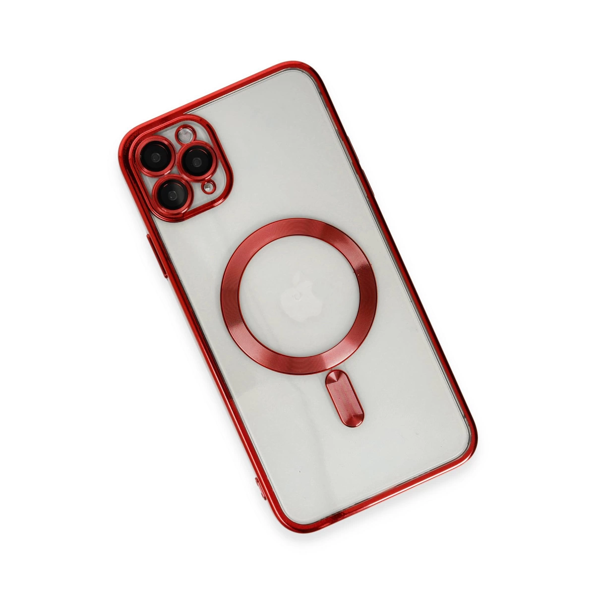 Kırmızı kenarlı şeffaf telefon kılıfı ve kamera alanı.