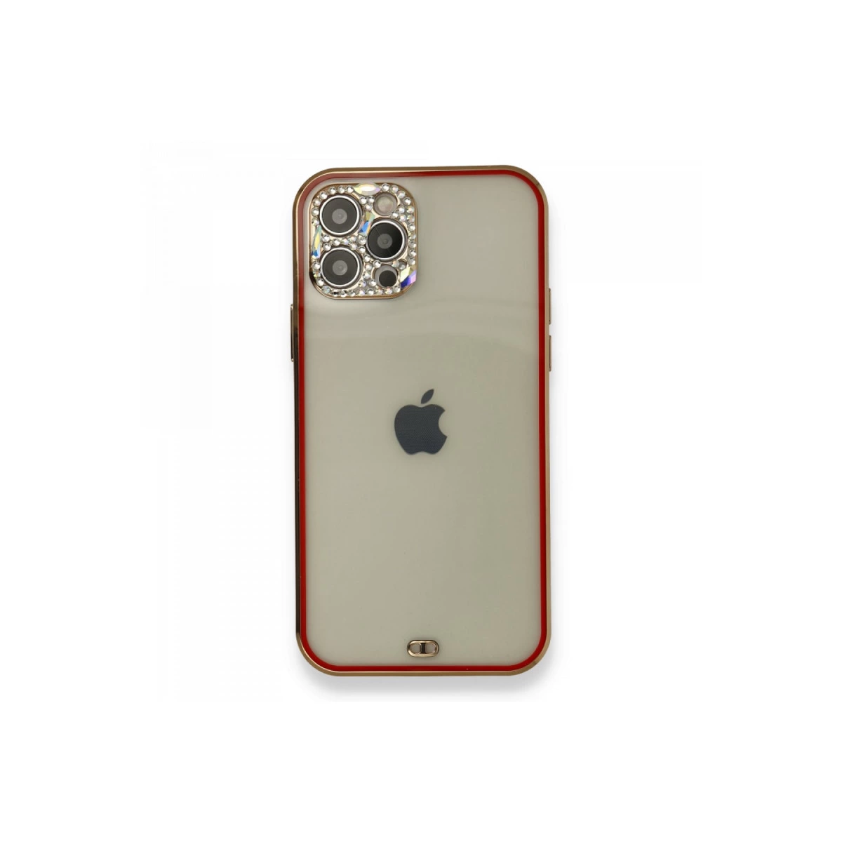 Kameranın etrafında parlak taşlar ve kırmızı kenarları olan bir iPhone kılıfı.