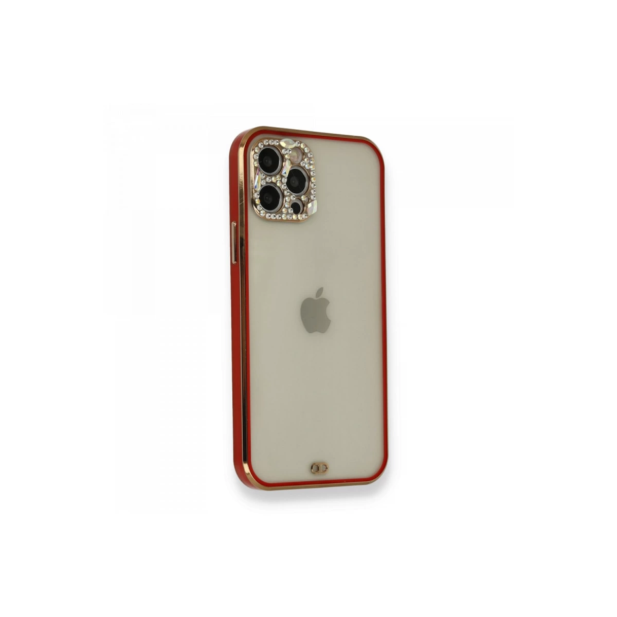 Altın kenarlı ve ışıltılı kamera lensli kırmızı iPhone kılıfı.