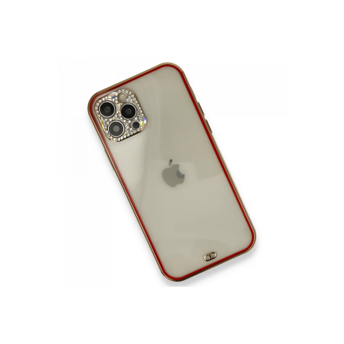 Elmas işlemeli kamera çerçeveli, kırmızı kenarlı ve Apple logolu iPhone.