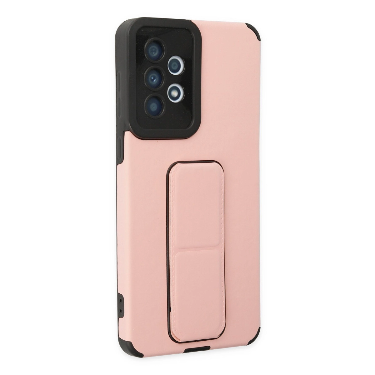 Siyah kamera çerçeveli ve stantlı pembe telefon kılıfı.