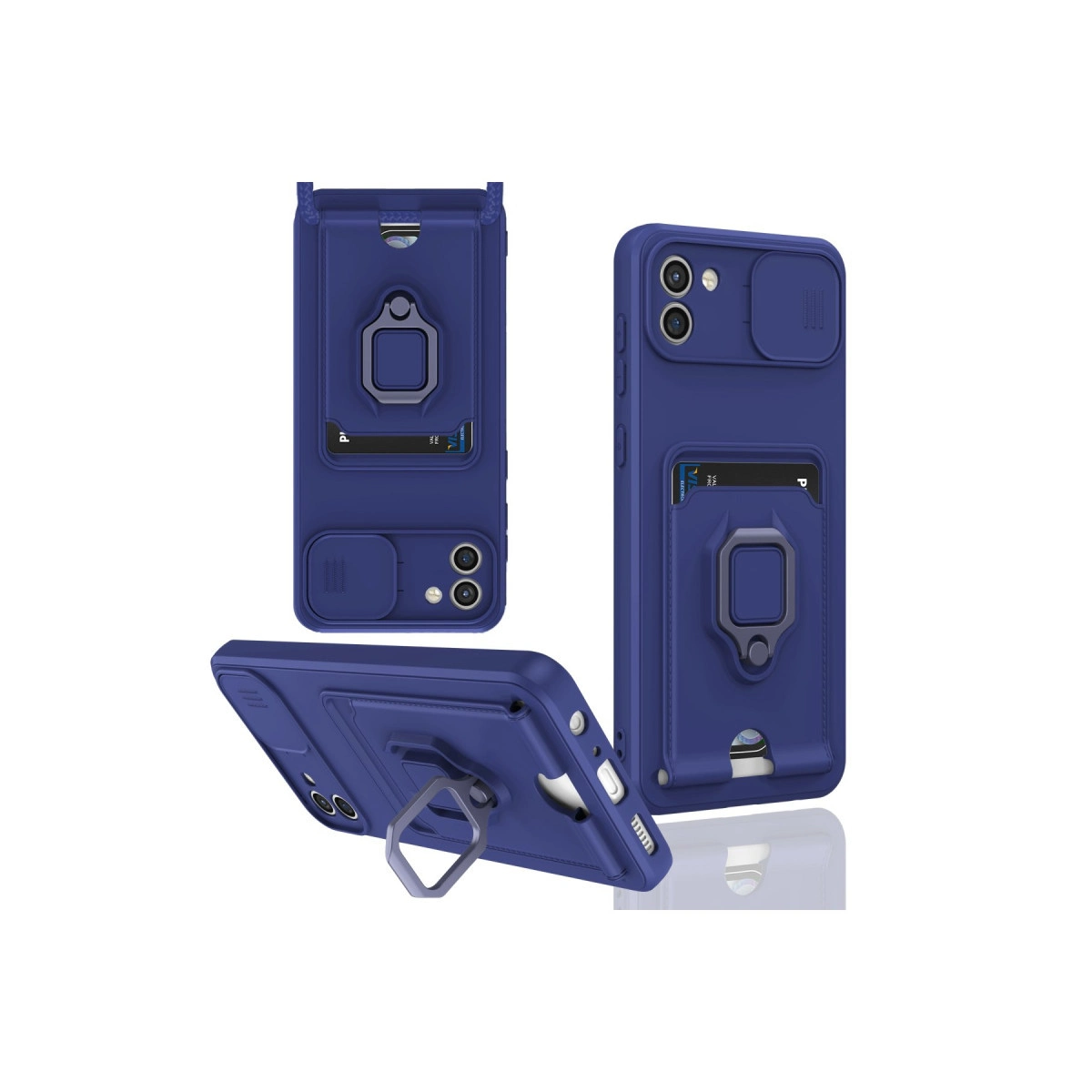 Kart yuvalı ve halka tutuculu lacivert telefon kılıfının üç görünümü.