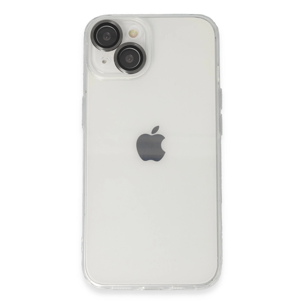 Çift kameralı ve Apple logolu şeffaf iPhone kılıfının arkası.