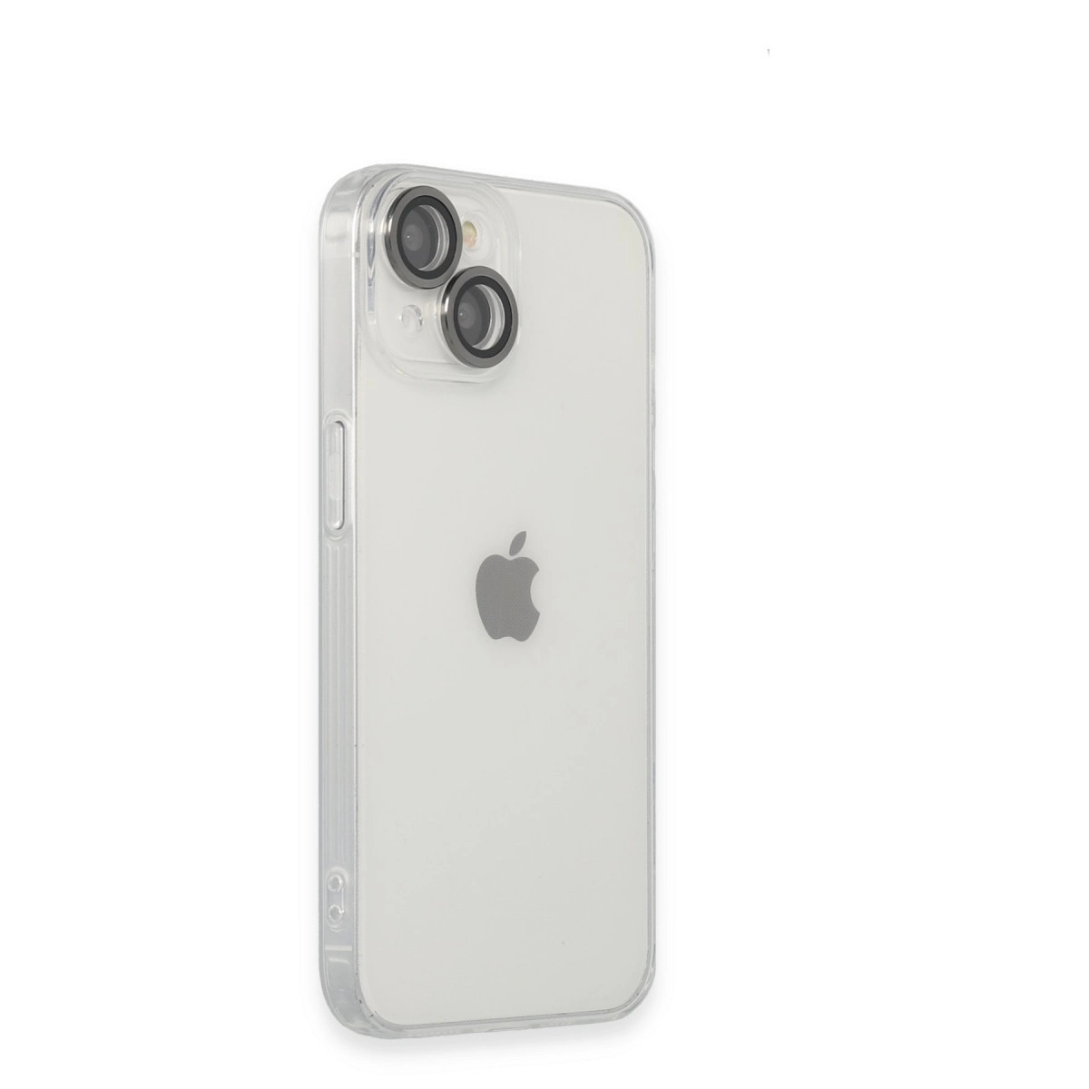 İki kameralı ve Apple logosuna sahip şeffaf iPhone kılıfı.