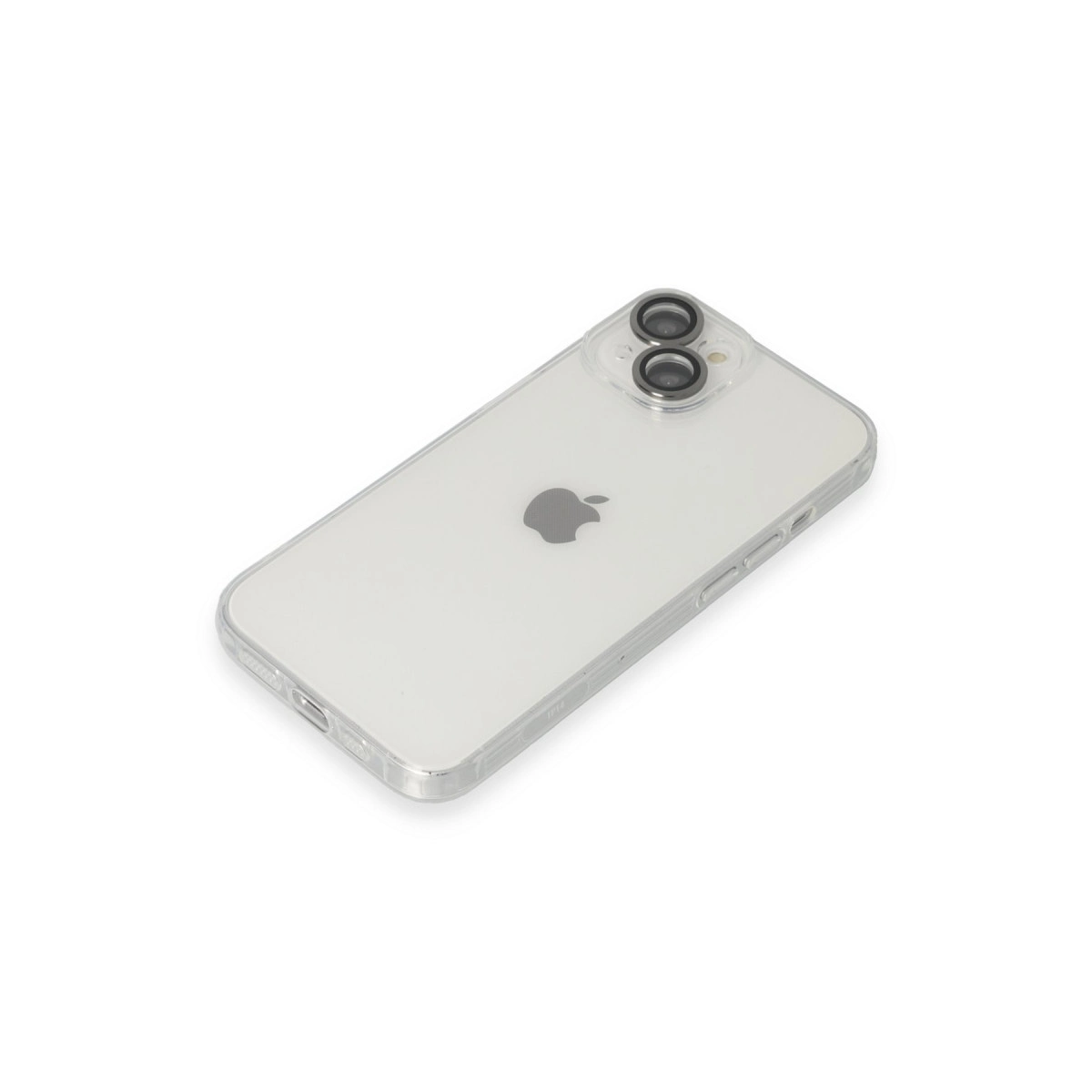 Çift kameralı ve Apple logolu şeffaf bir iPhone.