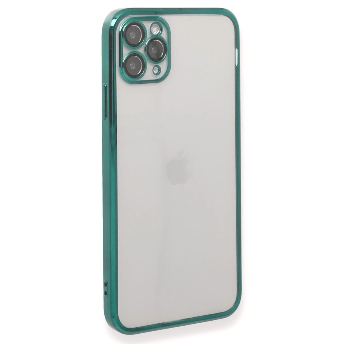 Şeffaf arka ve üç kameraya sahip yeşil iPhone kılıfı.