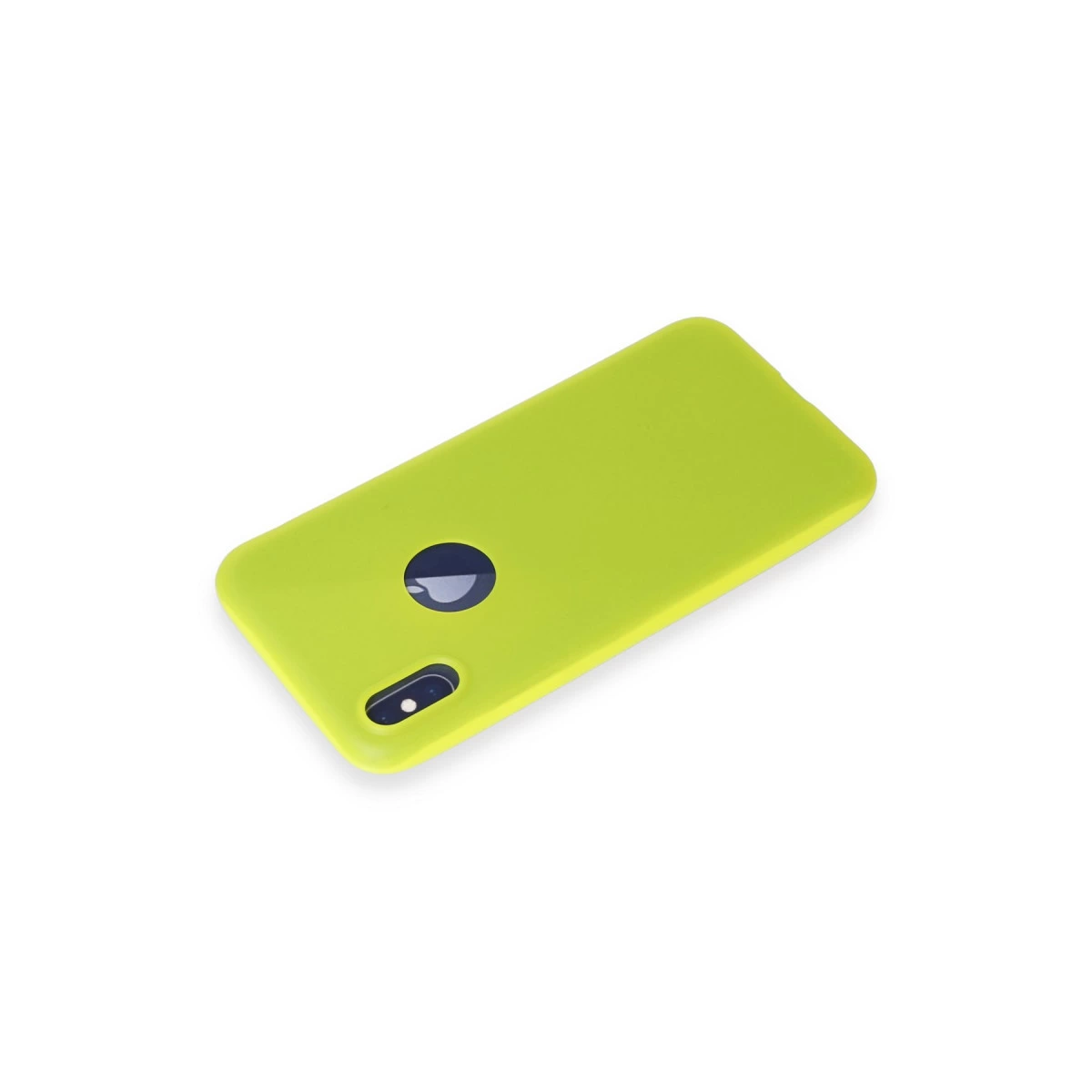 Koyu bir daire ve kamera lensli, neon yeşili telefon kılıfı.