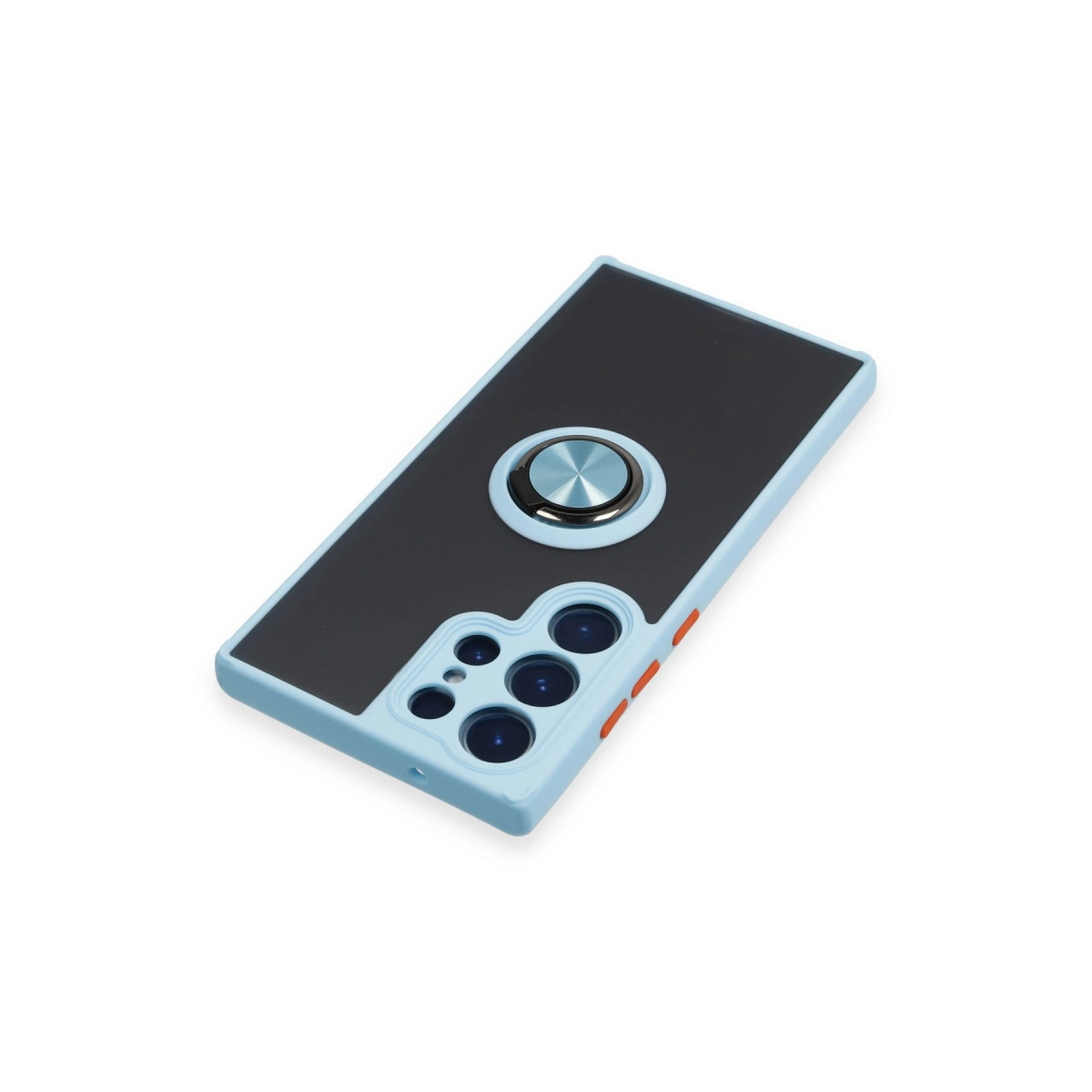 Siyah ek parçalı, halka tutuculu, lensli açık mavi telefon kılıfı.