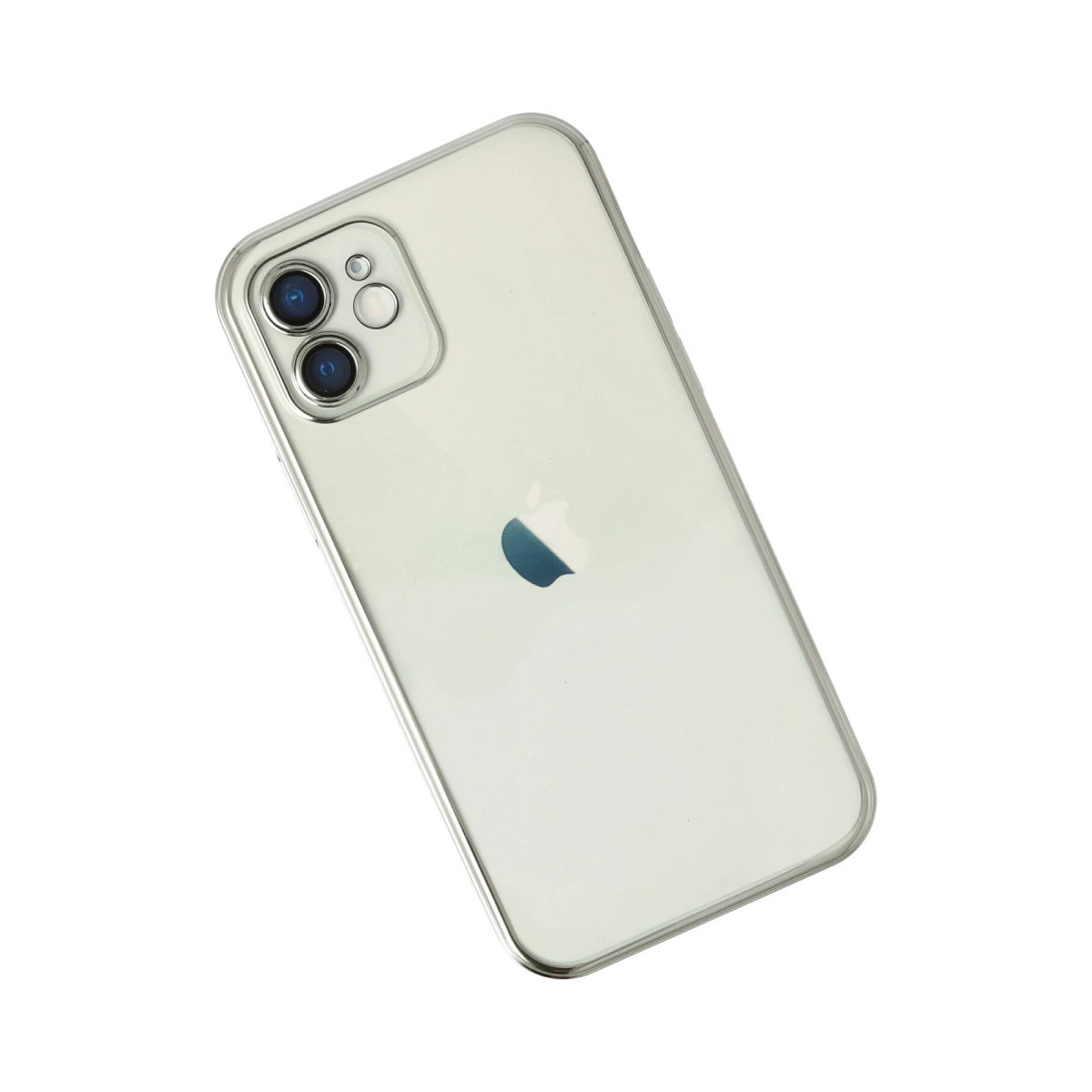 Arkada Apple logosu bulunan şeffaf bir telefon kılıfı.