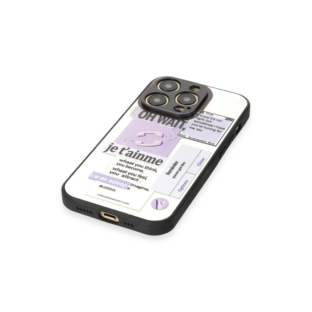 Mor ve beyaz çıkartmalar, metin ve telefon simgeleri olan iPhone kılıfı.