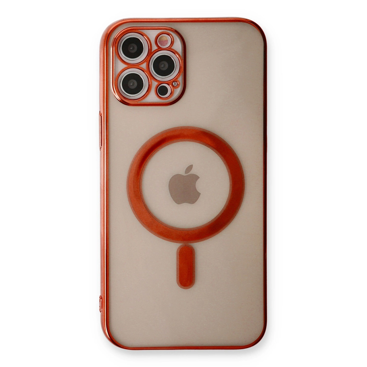 Kamera ve Apple logosuna sahip kırmızı iPhone kılıfı.