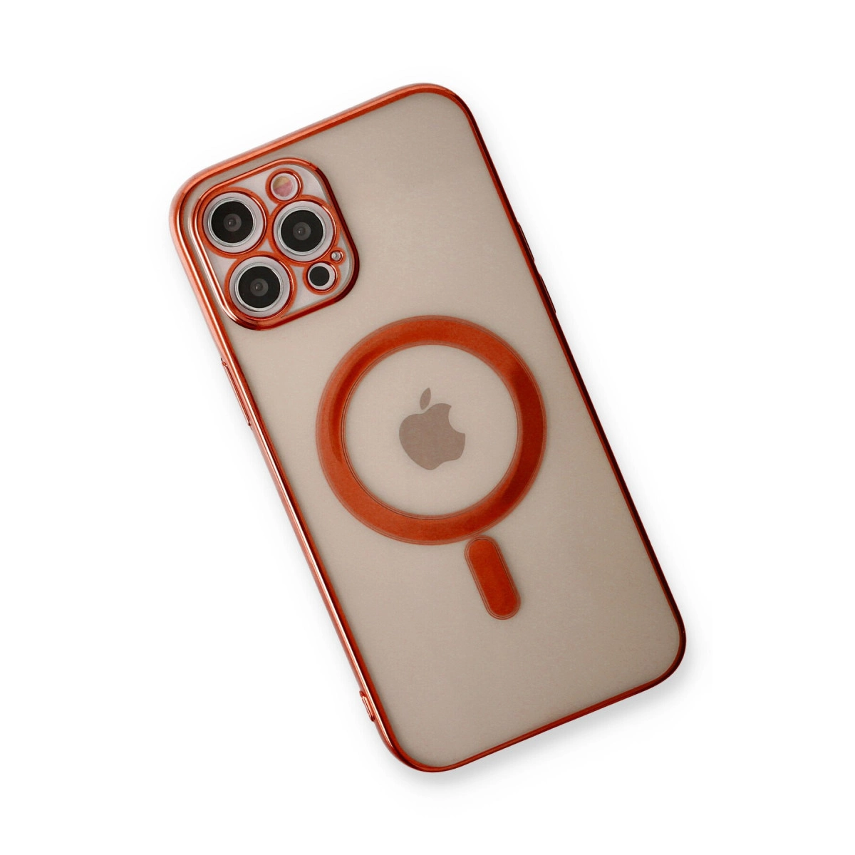 Şeffaf telefon kılıfı, turuncu kenar ve kamera halkası, Apple logosu.