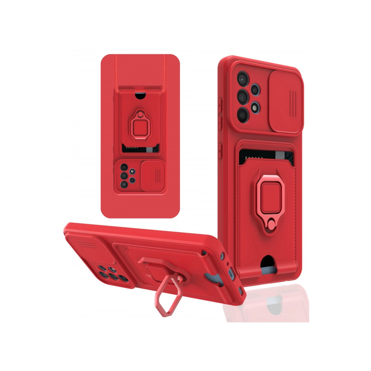 Kart tutuculu ve halkalı kırmızı telefon kılıfı, üç açıdan görünüm.