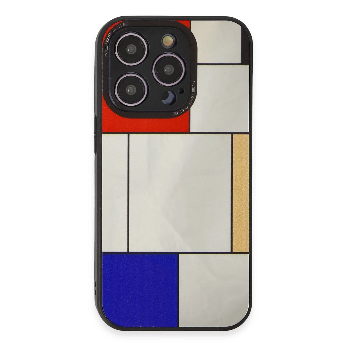 Üç kameralı Mondrian tarzı iPhone kılıfı, kırmızı, beyaz, mavi ve sarı bloklar.