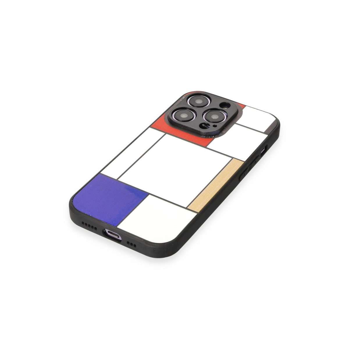 Beyaz üzerine kırmızı, mavi ve sarı Mondrian tarzı desenli iPhone kılıfı.