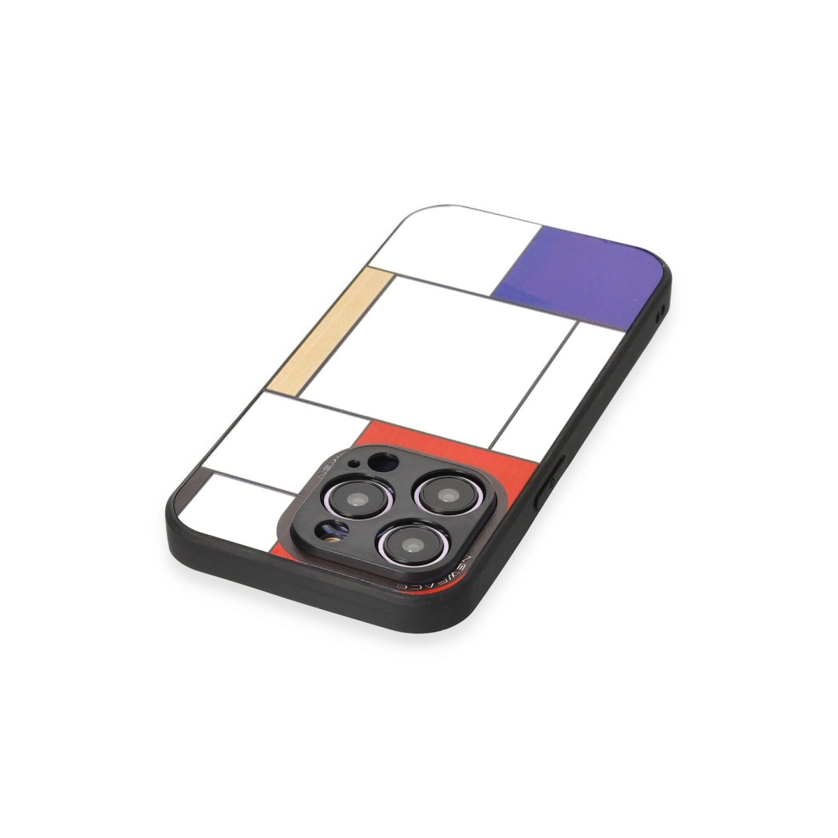 Mondrian desenli iPhone kılıfı: beyaz, kırmızı, mavi ve altın dikdörtgenler.