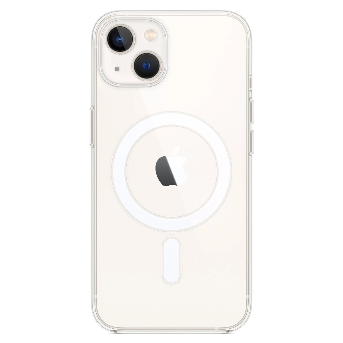Çift kameralı, Apple logolu ve manyetik halkalı şeffaf iPhone kılıfı.