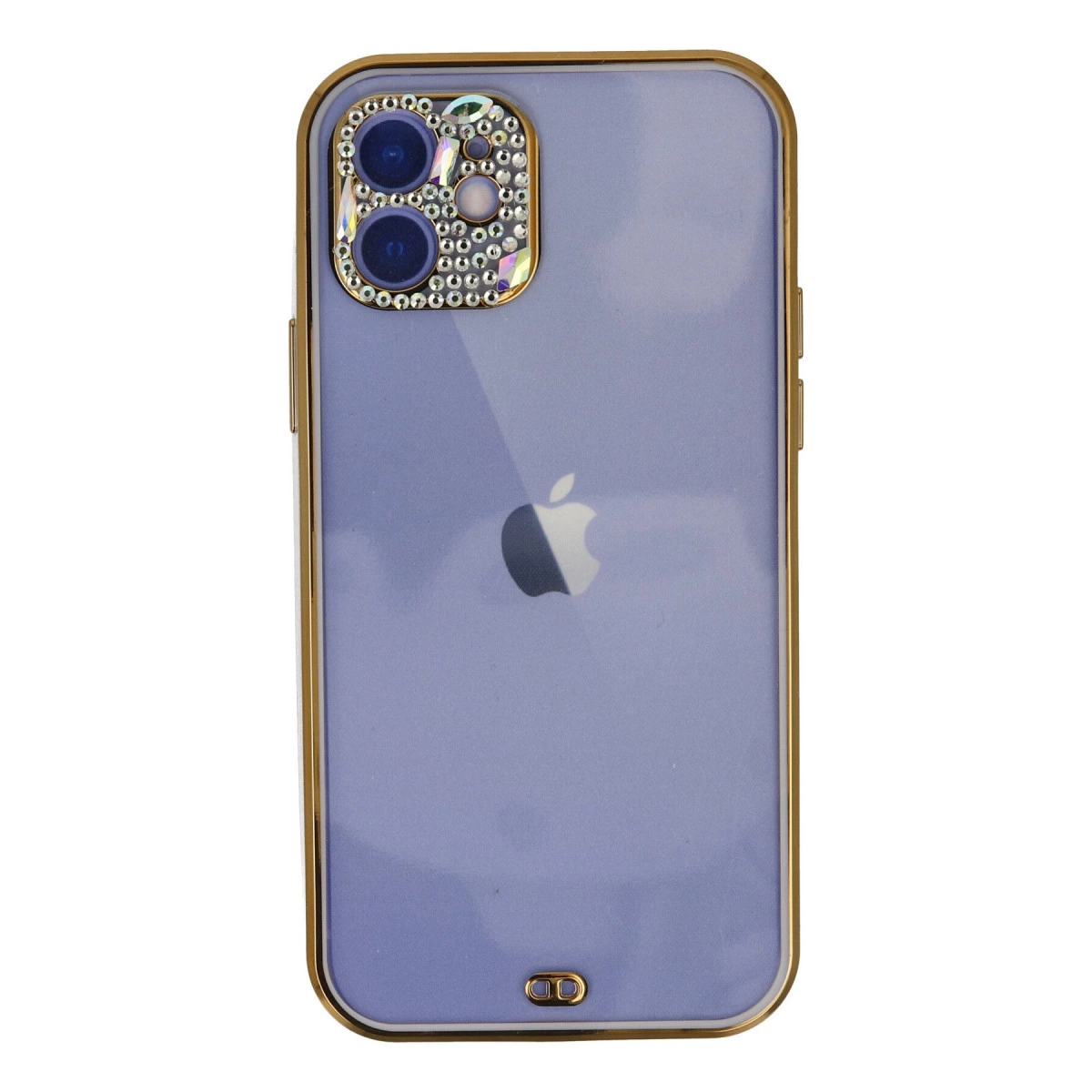 Kristal kaplı kamera lensli ve altın çerçeveli mor bir iPhone.