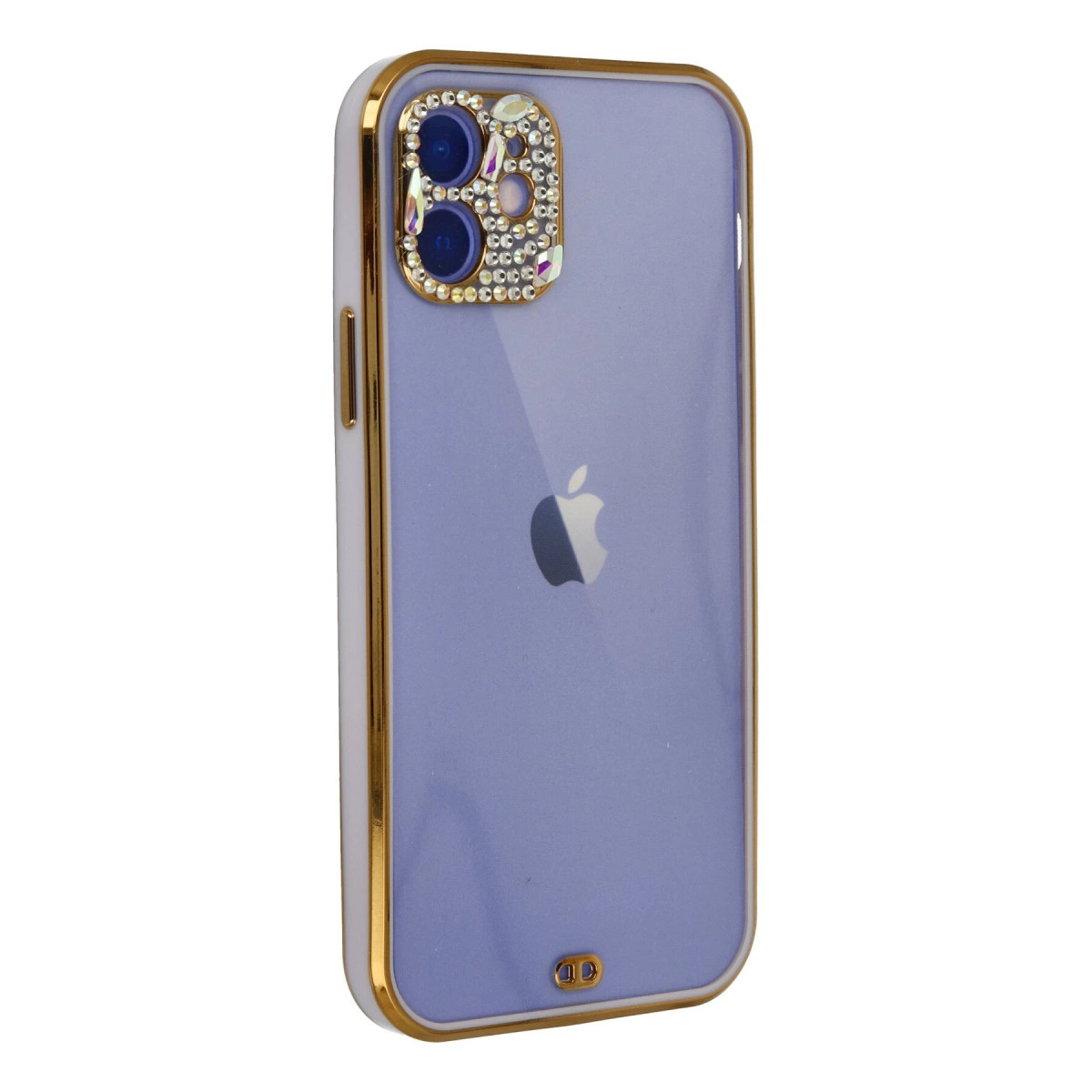 Kamerası etrafında taşlarla süslenmiş altın kenarlı mor iPhone kılıfı.