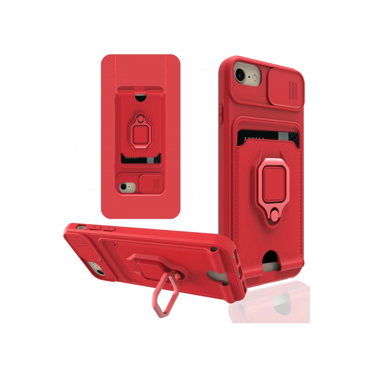 Kırmızı telefon kılıfı kart yuvası, halka tutucu ve kapaklı.