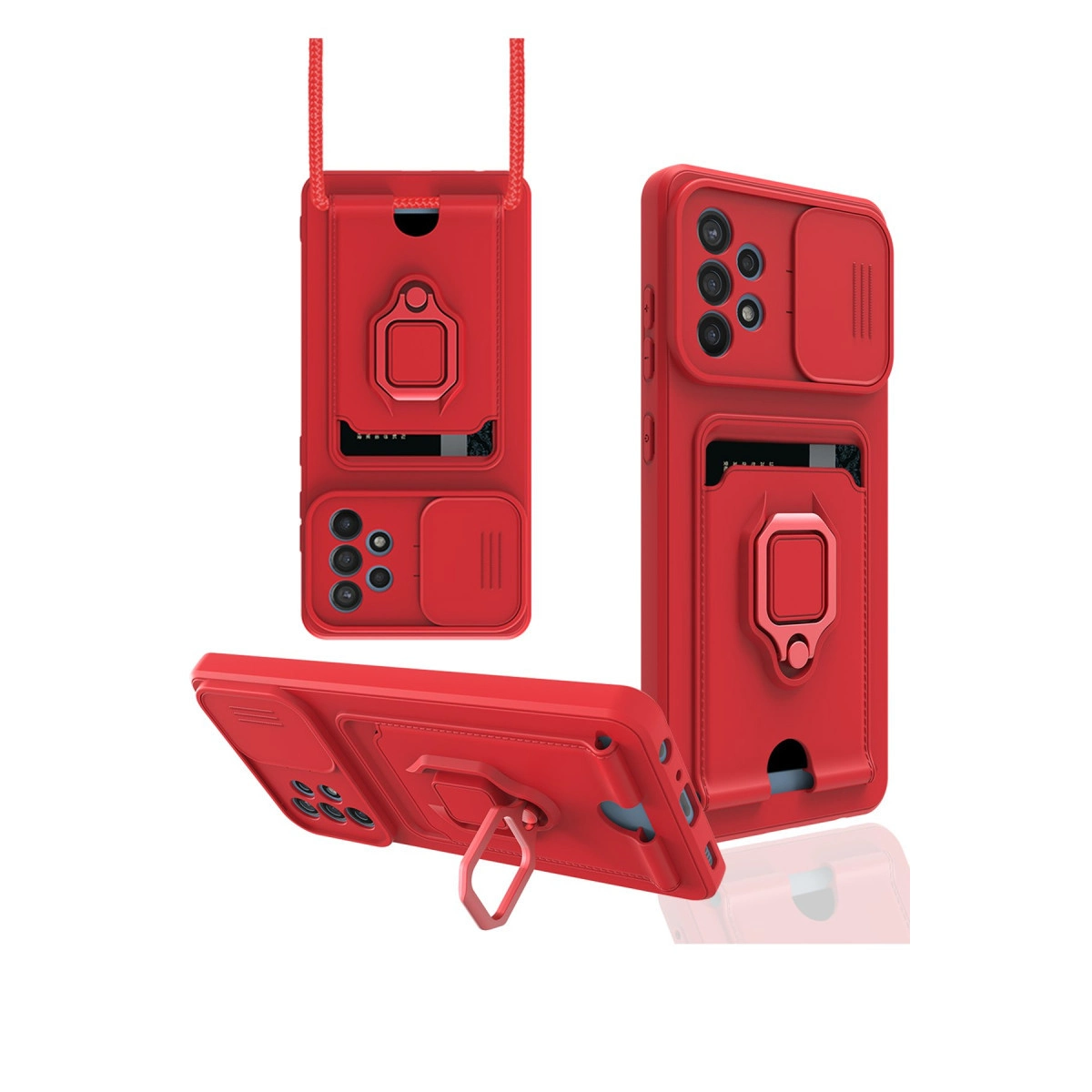 Kamera kapaklı, kart yuvalı, halka tutuculu kırmızı telefon kılıfı.