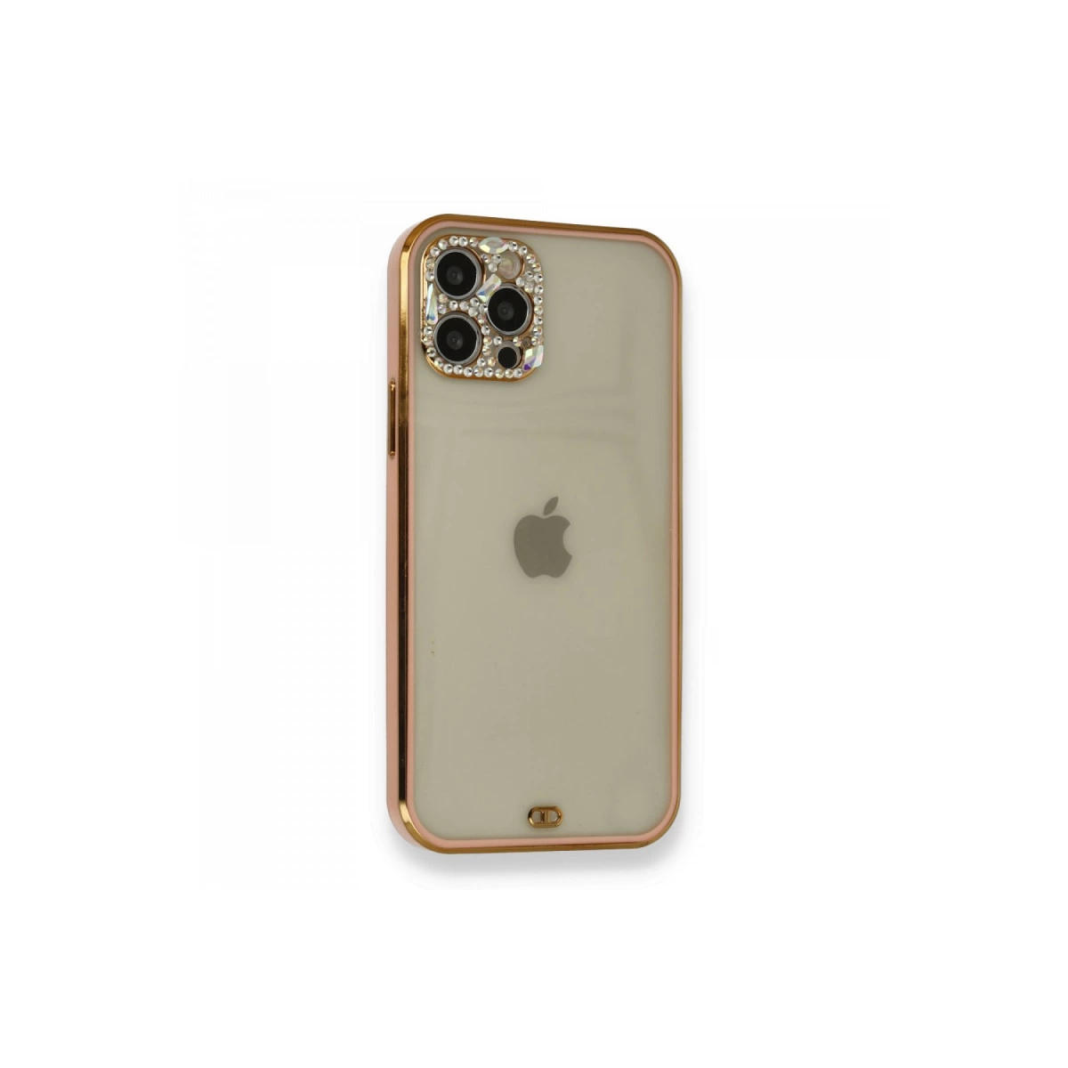 Kamerası etrafında ışıltılı taşlar bulunan, şeffaf arkalı, rose altın rengi iPhone kılıfı.