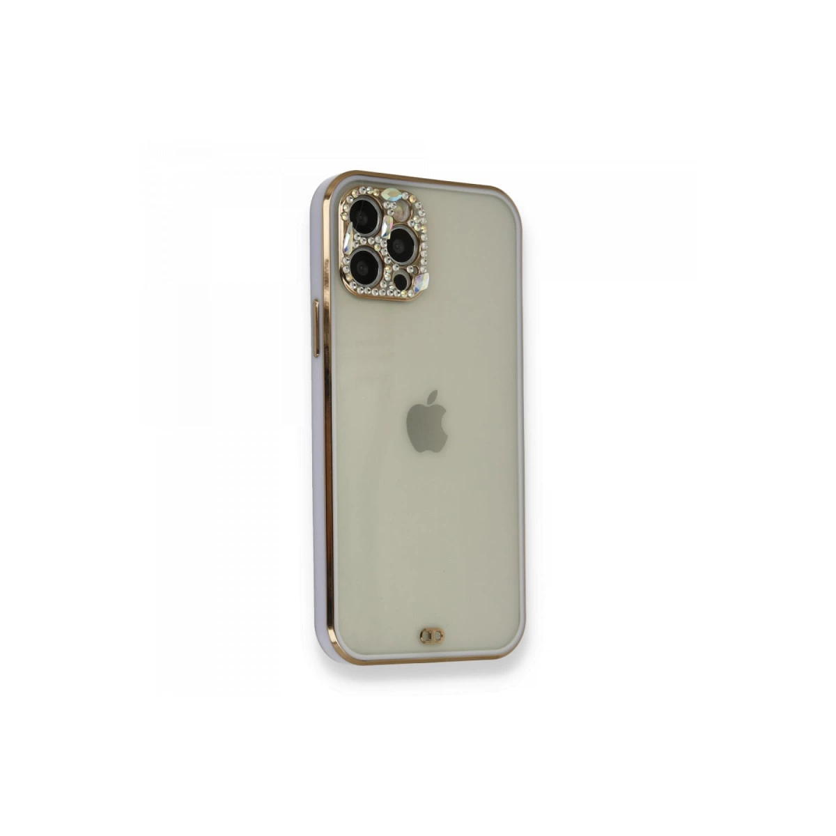Altın kenarlı ve ışıltılı taşlı şeffaf iPhone kılıfı.