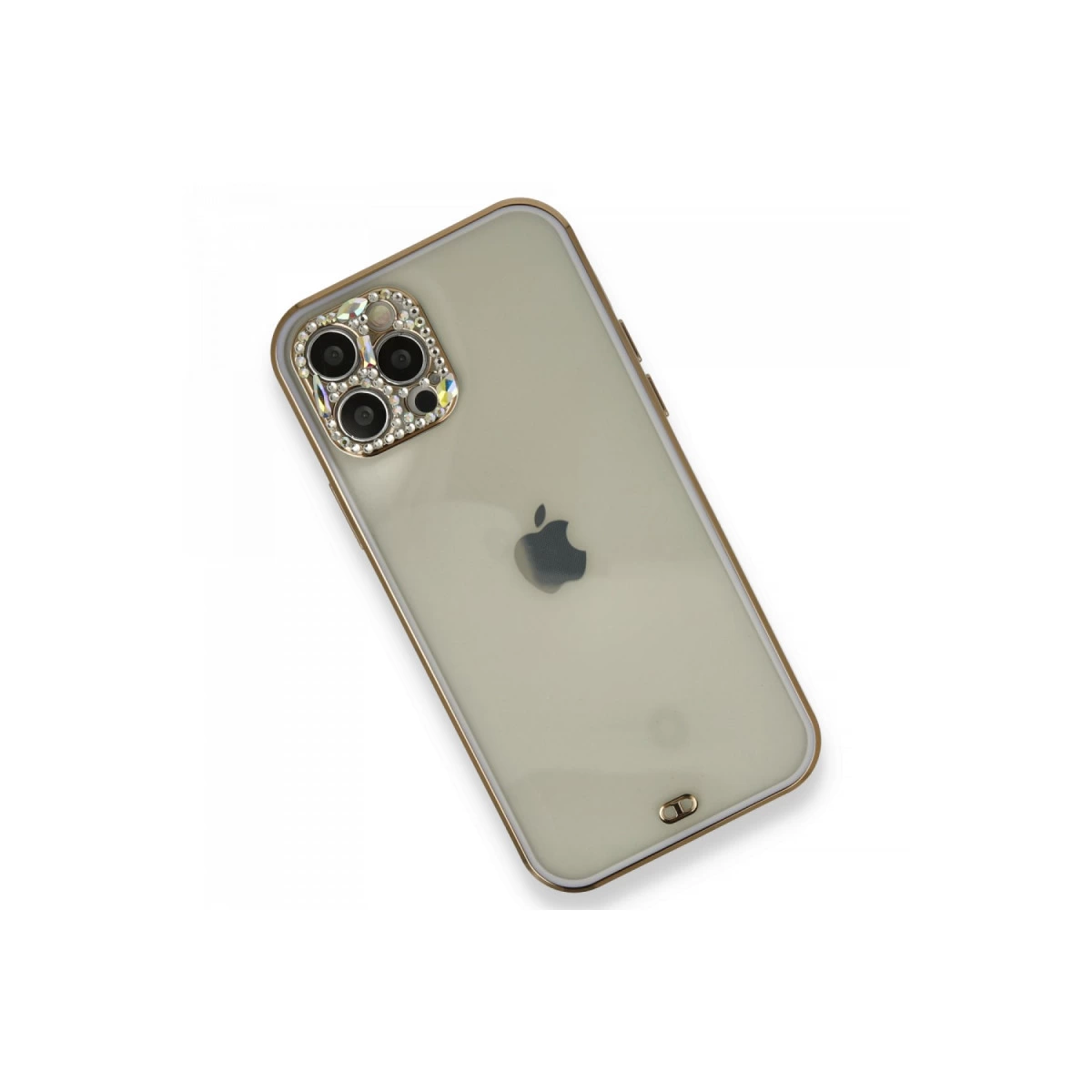 Beyaz arka plan üzerinde parlak kamera çerçeveli, altın kenarlı iPhone.