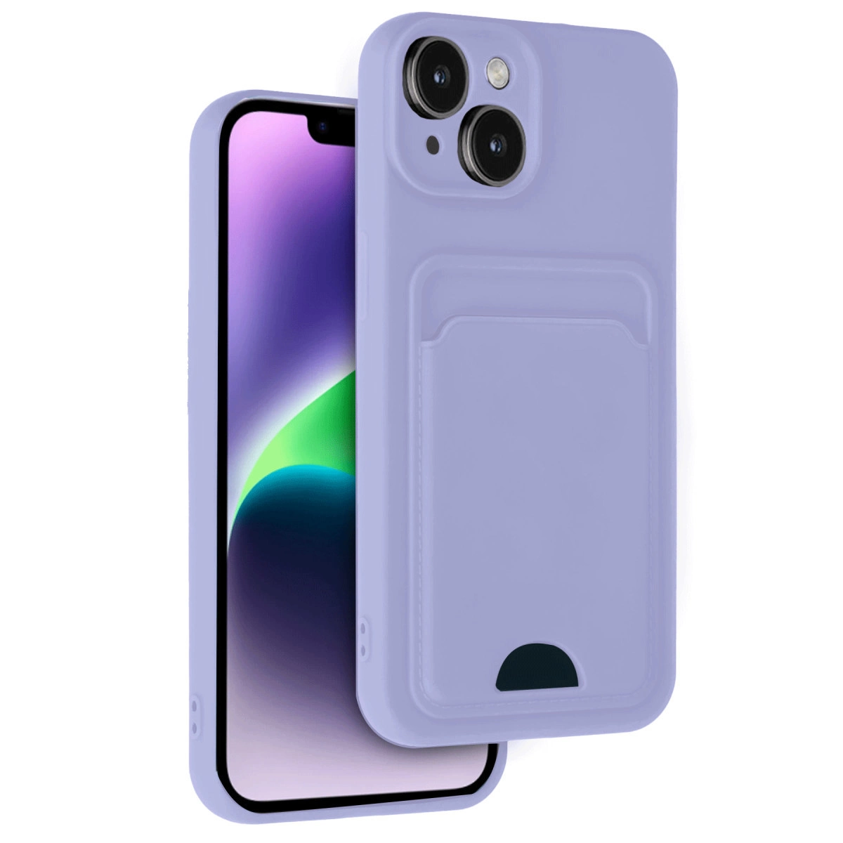 Kart yuvalı uyumlu kılıfıyla mor bir iPhone.