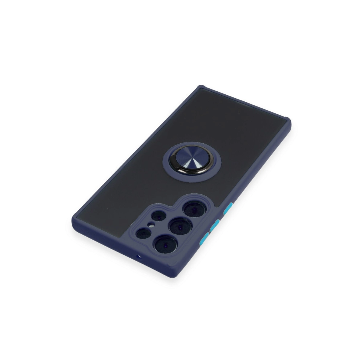 Siyah arka ve gümüş halkalı koyu mavi telefon kılıfı.