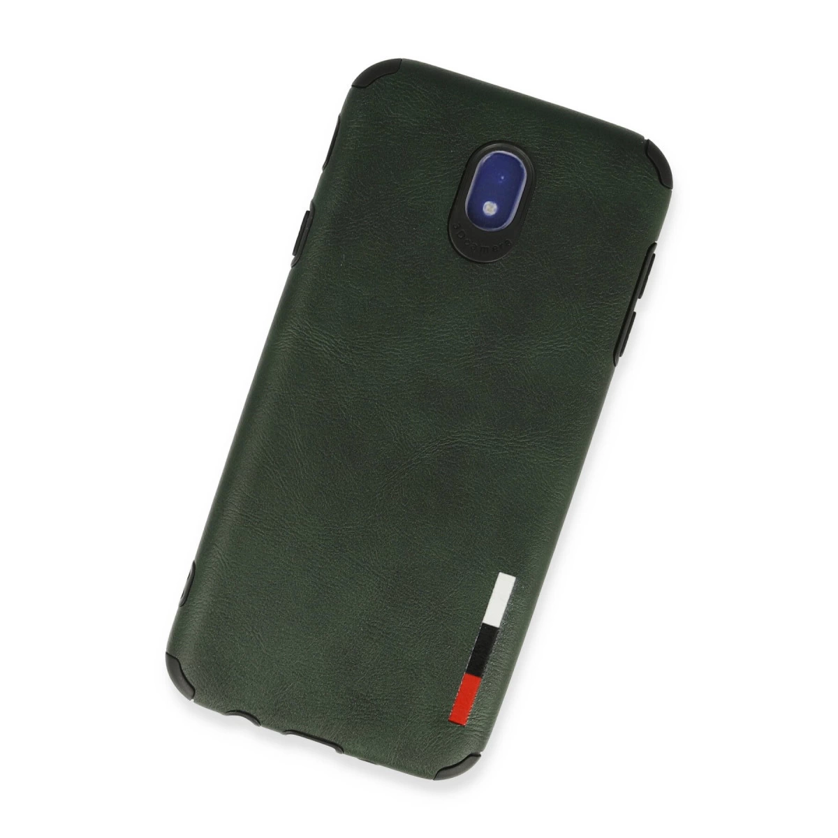 Kamera kesimli, şerit detaylı koyu yeşil telefon kılıfı.