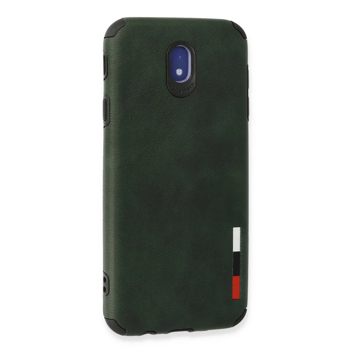 Kamera oyuntulu ve renkli şeritli koyu yeşil telefon kılıfı.