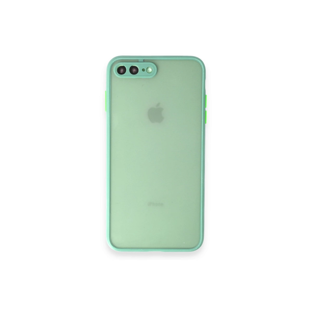 Apple logolu ve çift kamera kesimli yeşil telefon kılıfı.