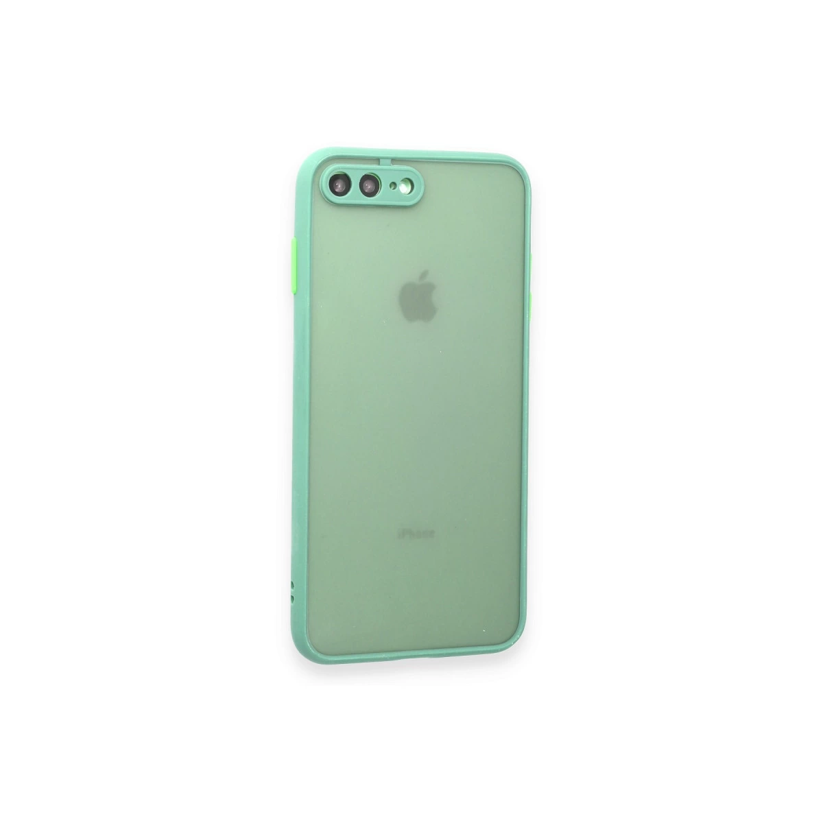 Apple logolu ve çift kamera kesimli yeşil telefon kılıfı.