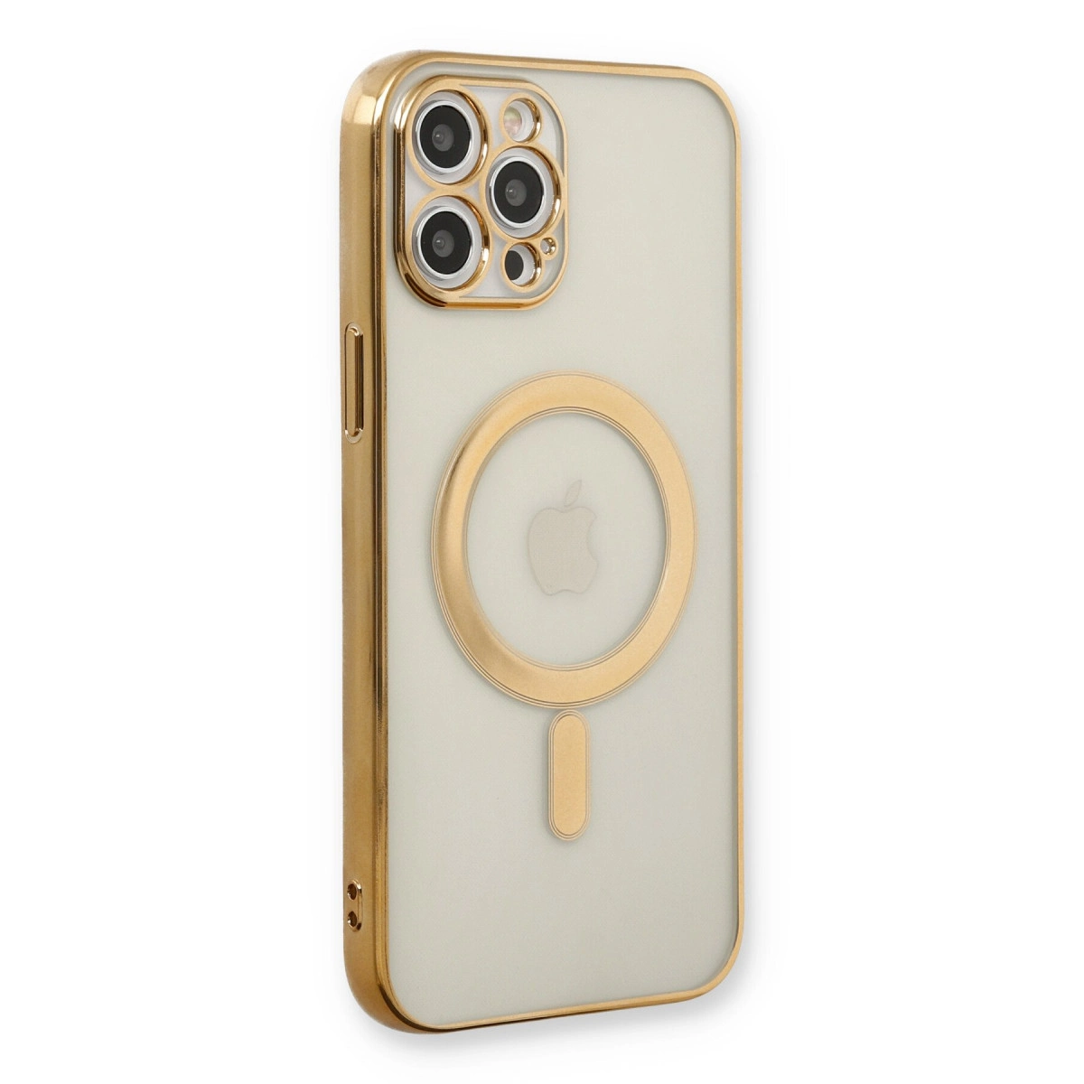 Dört kameralı, Apple logolu, altın rengi telefon kılıfı.