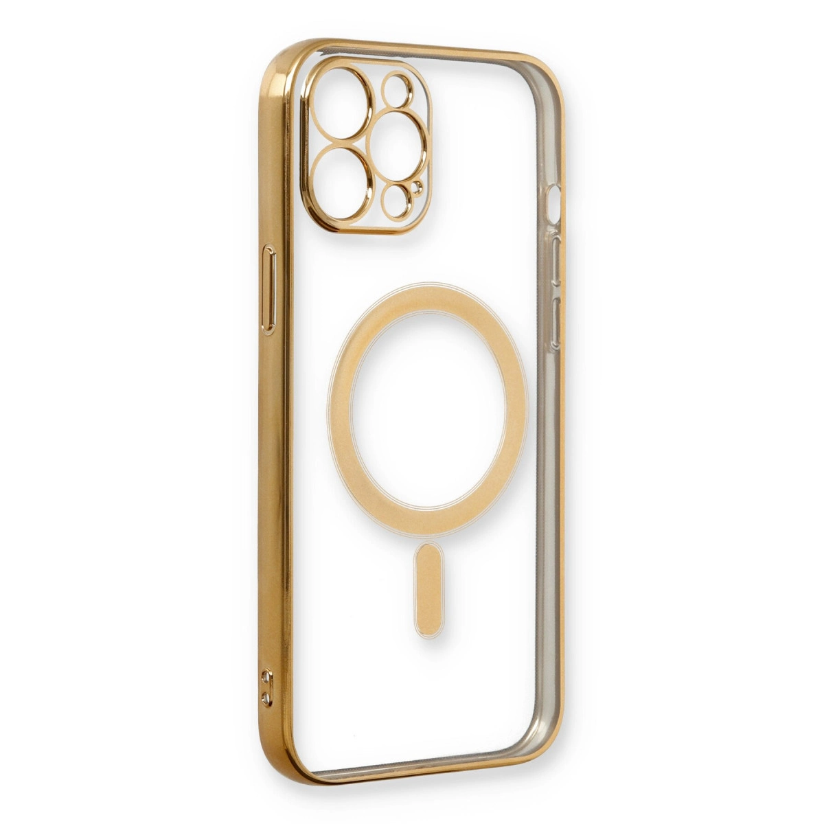 Altın çerçeveli şeffaf telefon kılıfı, kamera kesikleri ve magsafe halkası gösteriliyor.