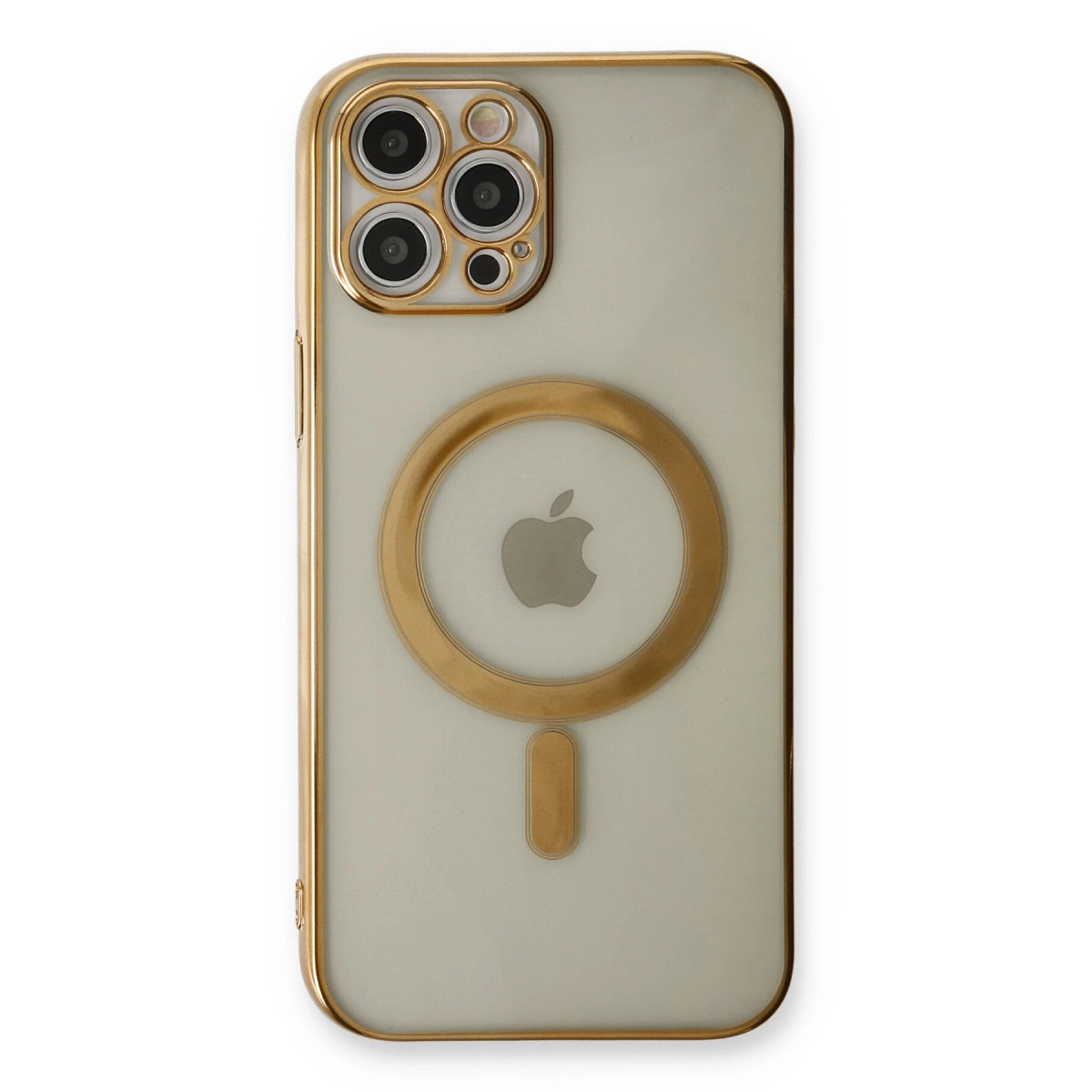 Dört kameralı ve Apple logolu altın iPhone kılıfı.