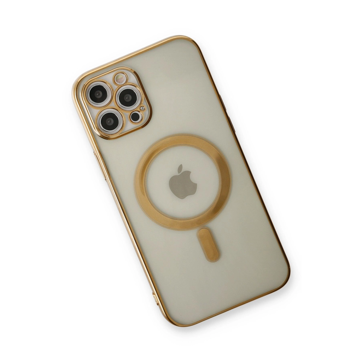 Altın kenarlı ve MagSafe halkalı şeffaf iPhone kılıfı.