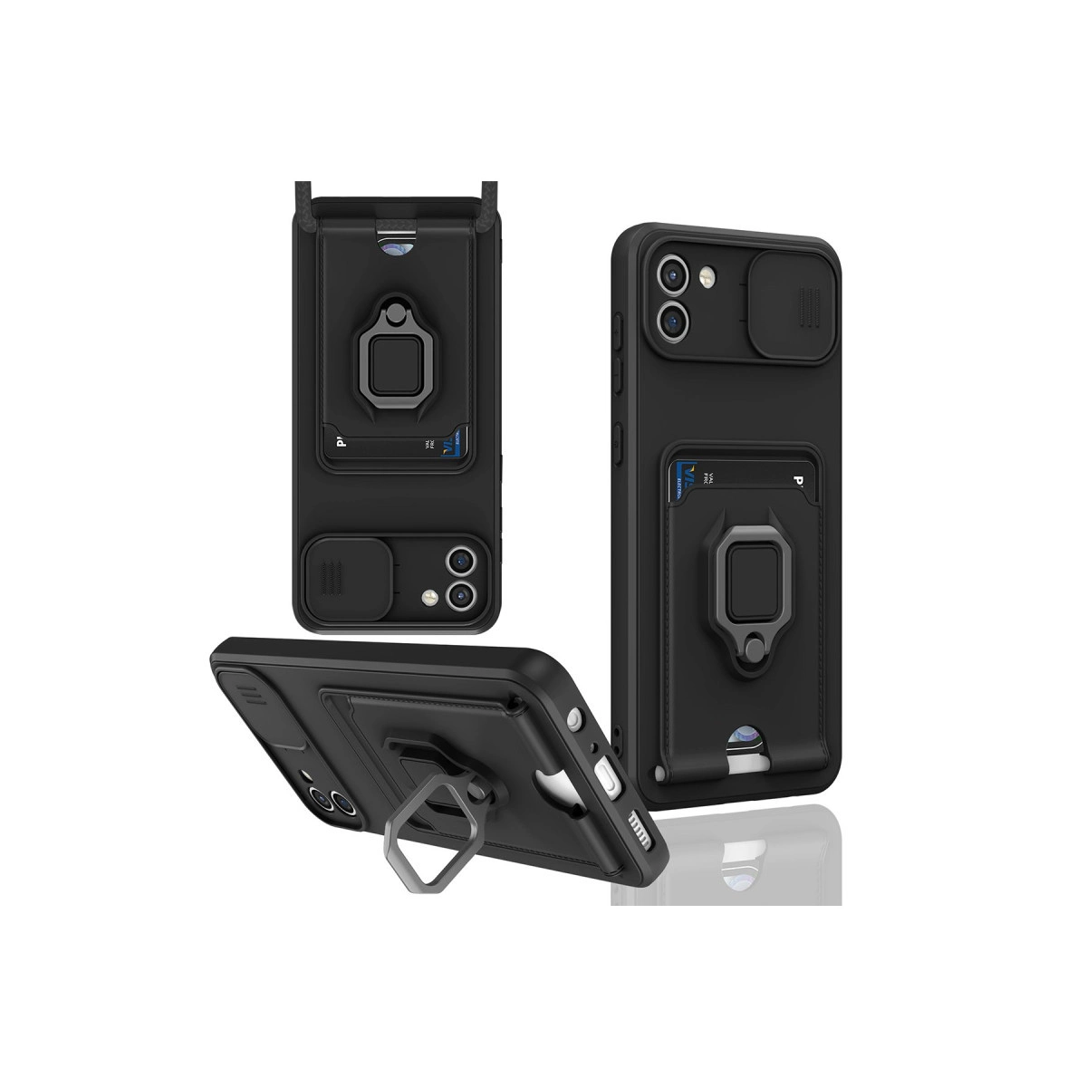 Kart tutuculu, halka standlı ve kamera kapaklı siyah iPhone kılıfı.